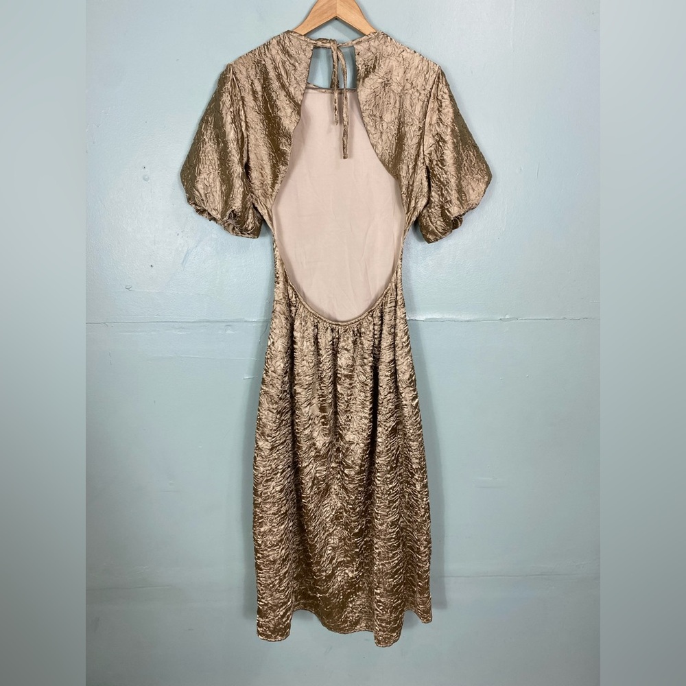 Lisa Says Gah‎ Gwen Metallic Champagne Color Dress Midi Cut Out Open Back Large - Picture 8 of 12